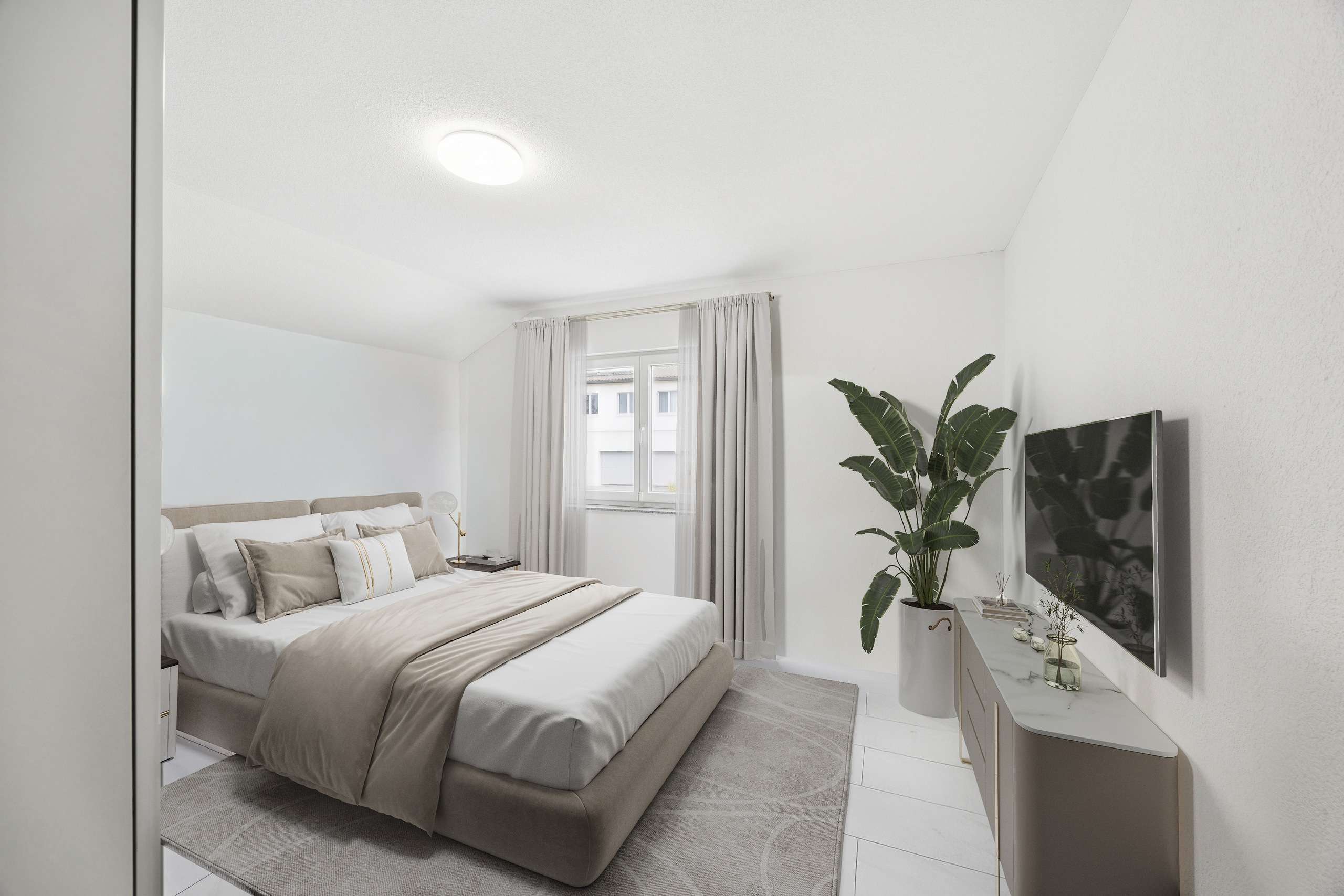 Helles Schlafzimmer mit minimalistischer Einrichtung
