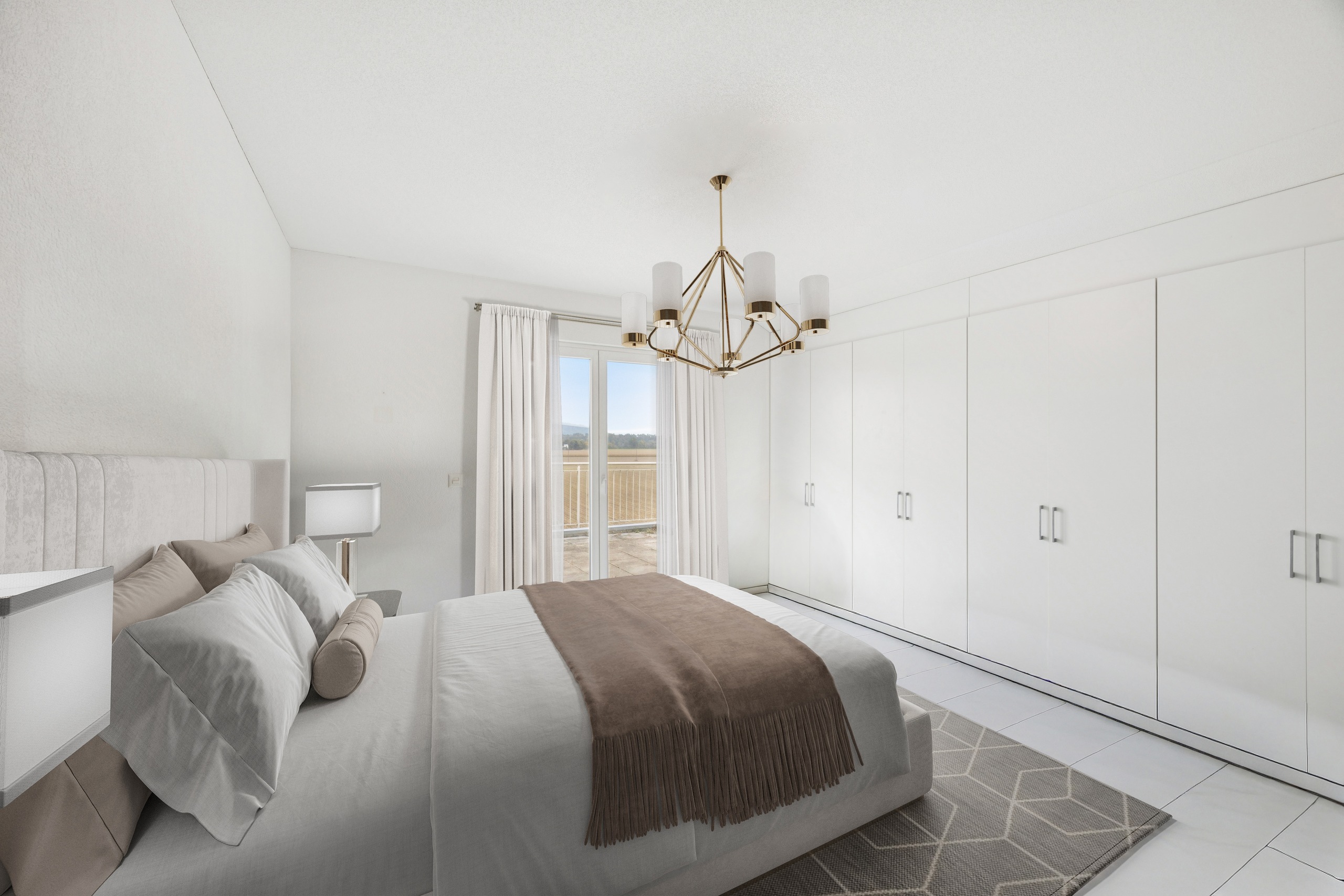 Helles, minimalistisches Schlafzimmer mit Einbauschrank und Balkonzugang