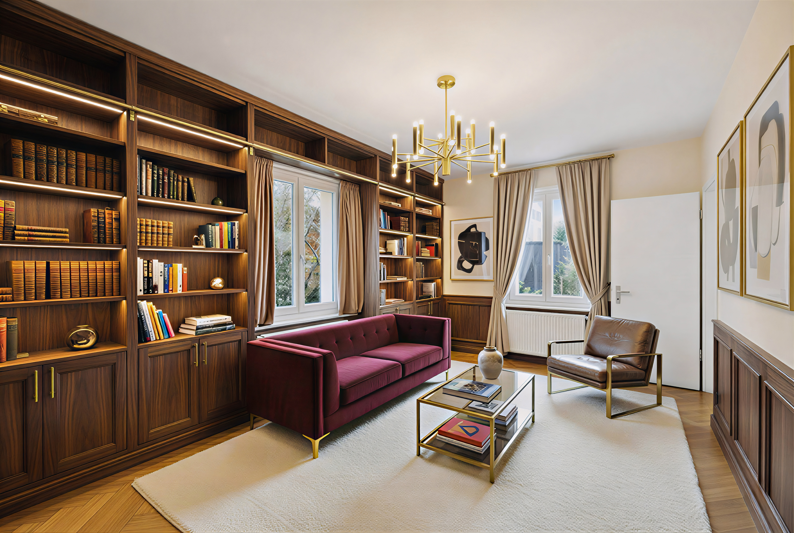 Elegantes Arbeits- bzw. Bibliothekszimmer mit Holzregalen
