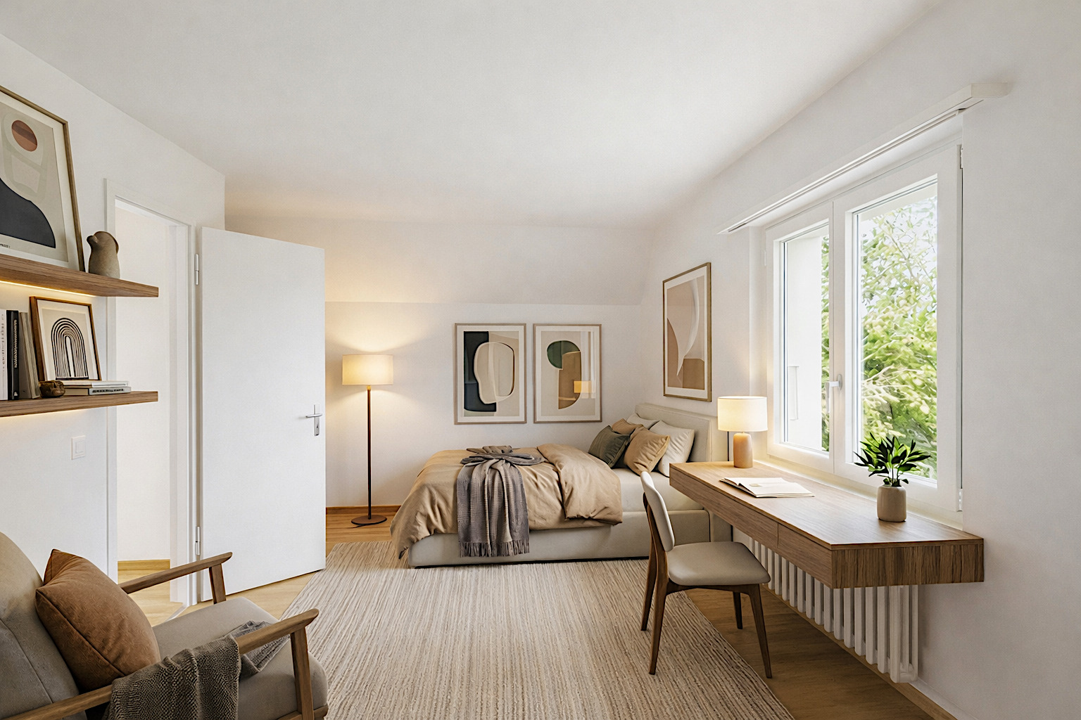 Helles Schlafzimmer mit Homeoffice-Ecke
