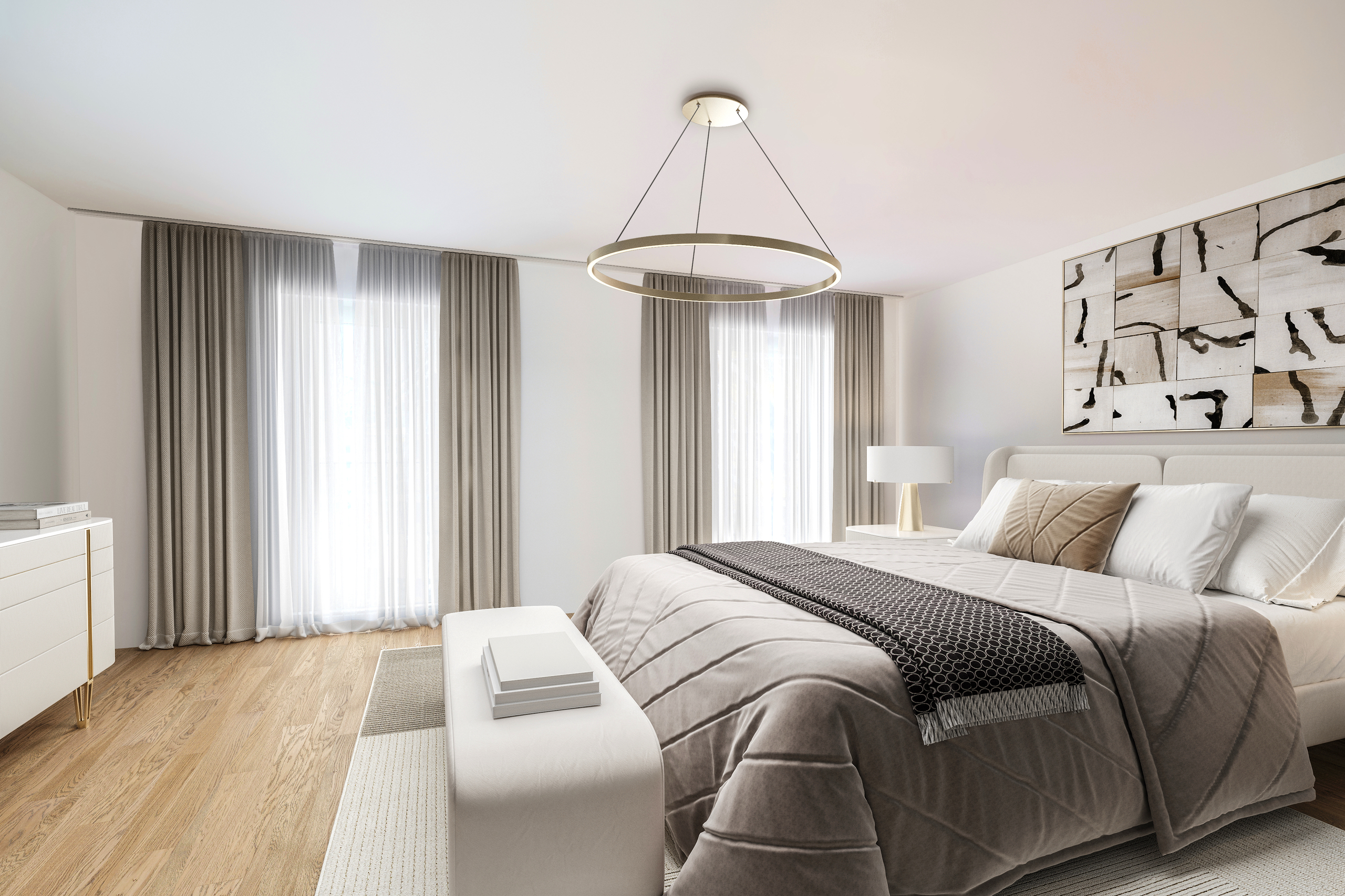 Helles, modern eingerichtetes Schlafzimmer