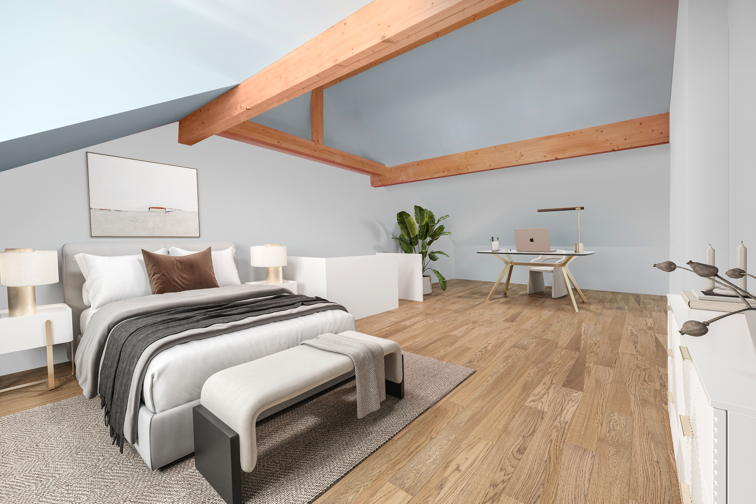 Modernes Schlafzimmer mit Homeoffice-Ecke