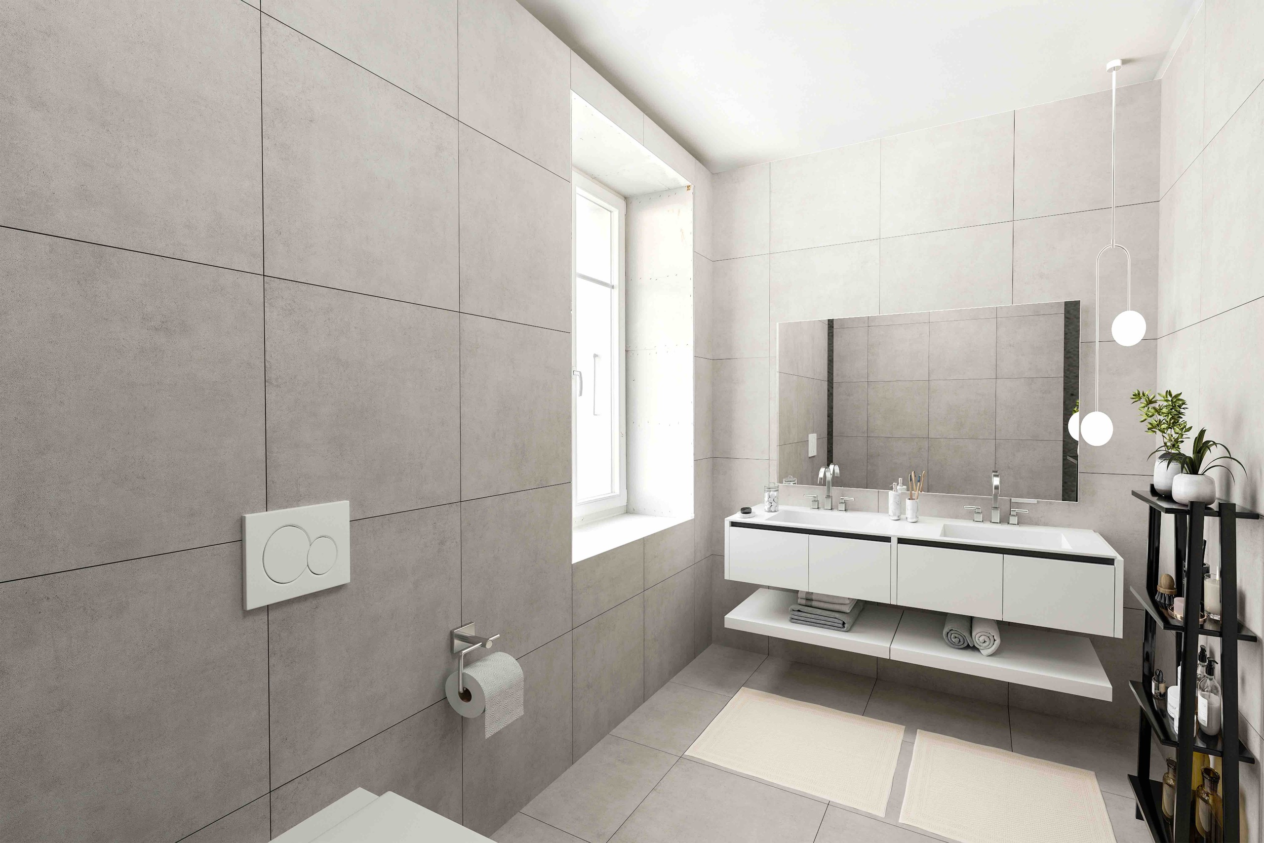 Modernes Badezimmer mit hellen Fliesen und Doppelwaschbecken
