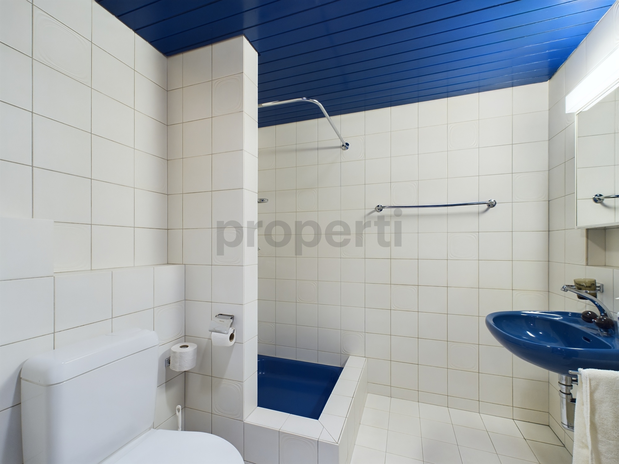 Modernes Badezimmer mit blau-weißer Gestaltung