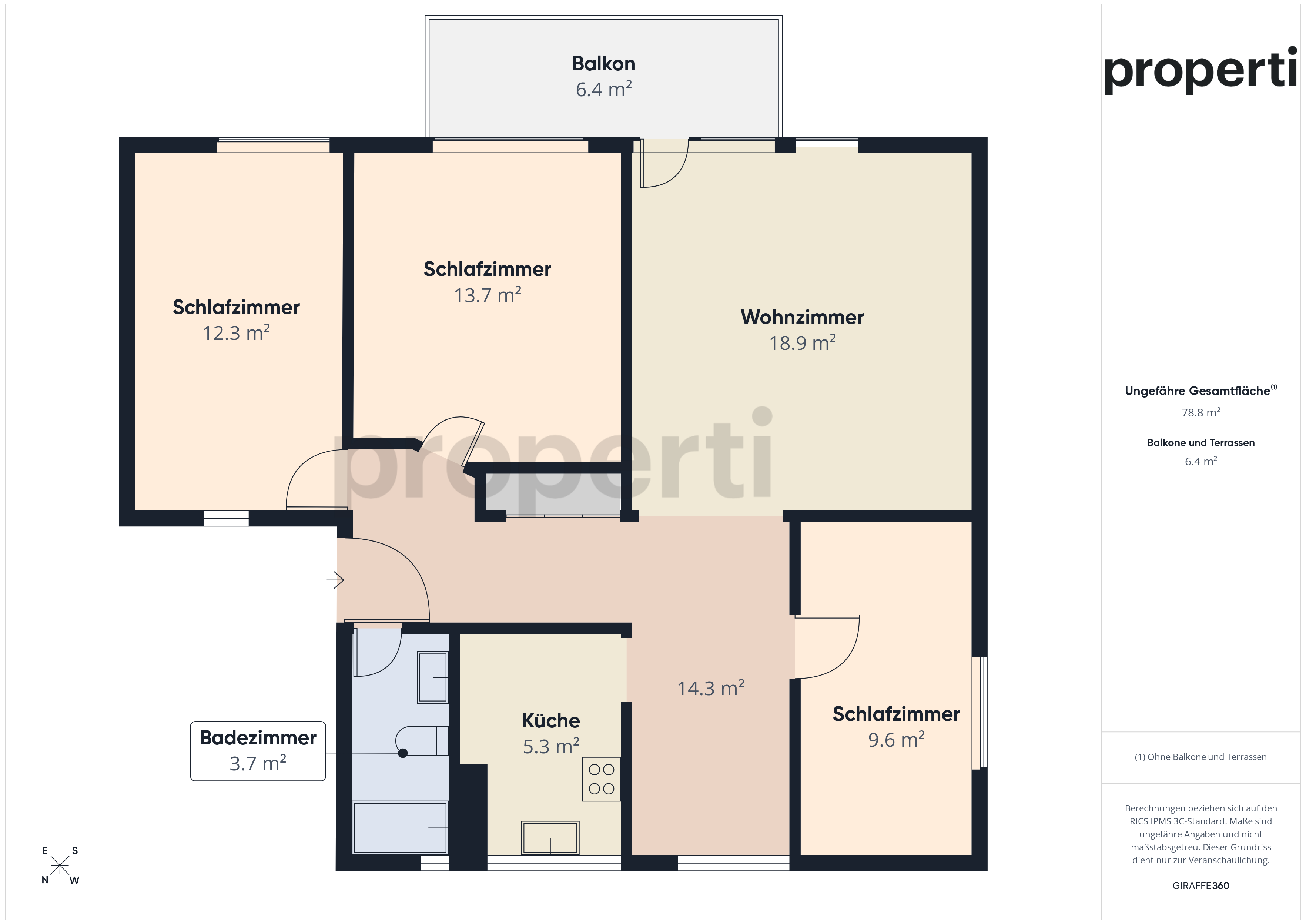 Grundriss einer Wohnung mit drei Schlafzimmern, Wohnzimmer, Küche, Badezimmer und Balkon