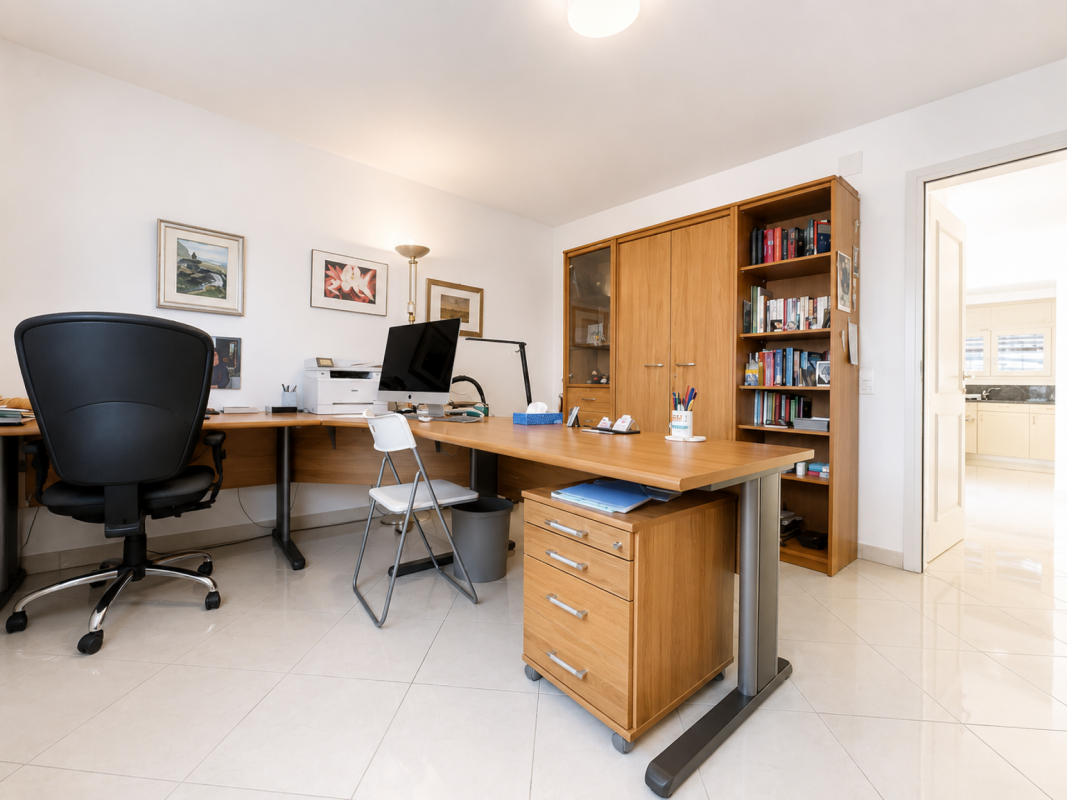 Homeoffice mit Holzmöbeln und Bücherregal