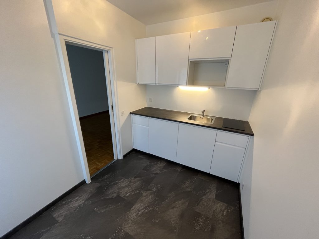 Kleine moderne Küche mit weißer Front