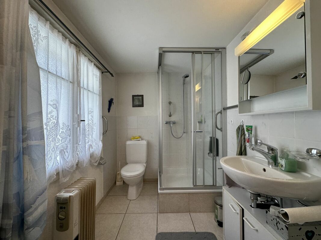 Kleines Badezimmer mit Dusche, WC und Waschtisch