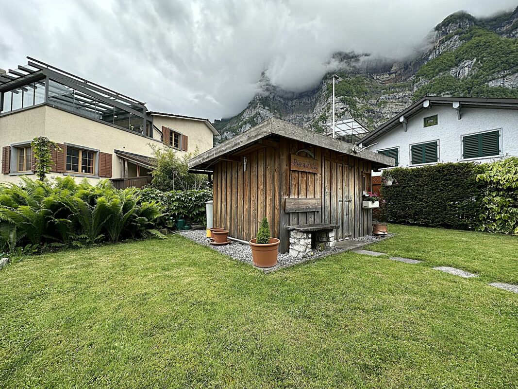 Garten mit Holzhütte vor Bergkulisse