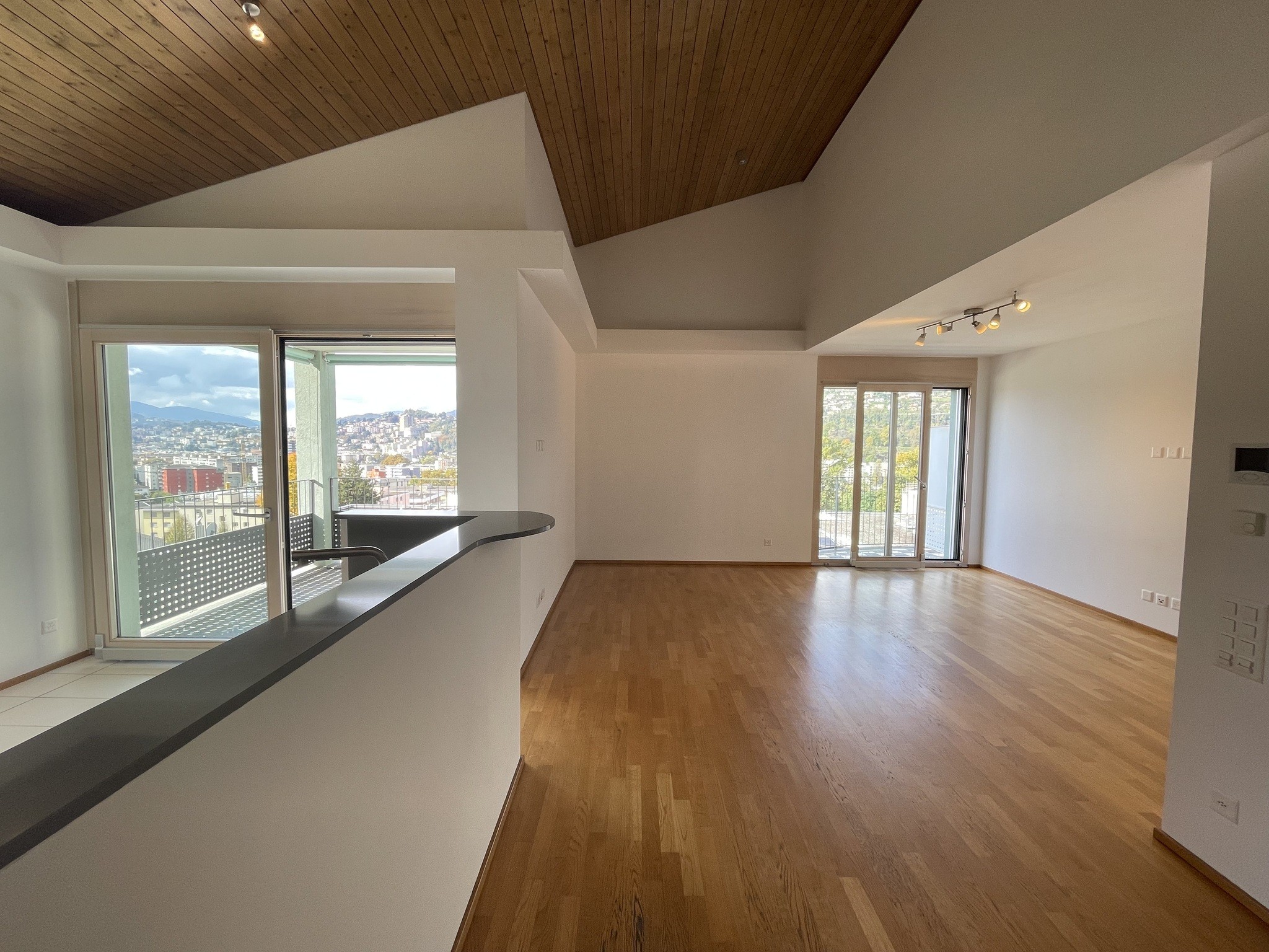 Helles, leeres Wohn- und Esszimmer mit Balkonblick