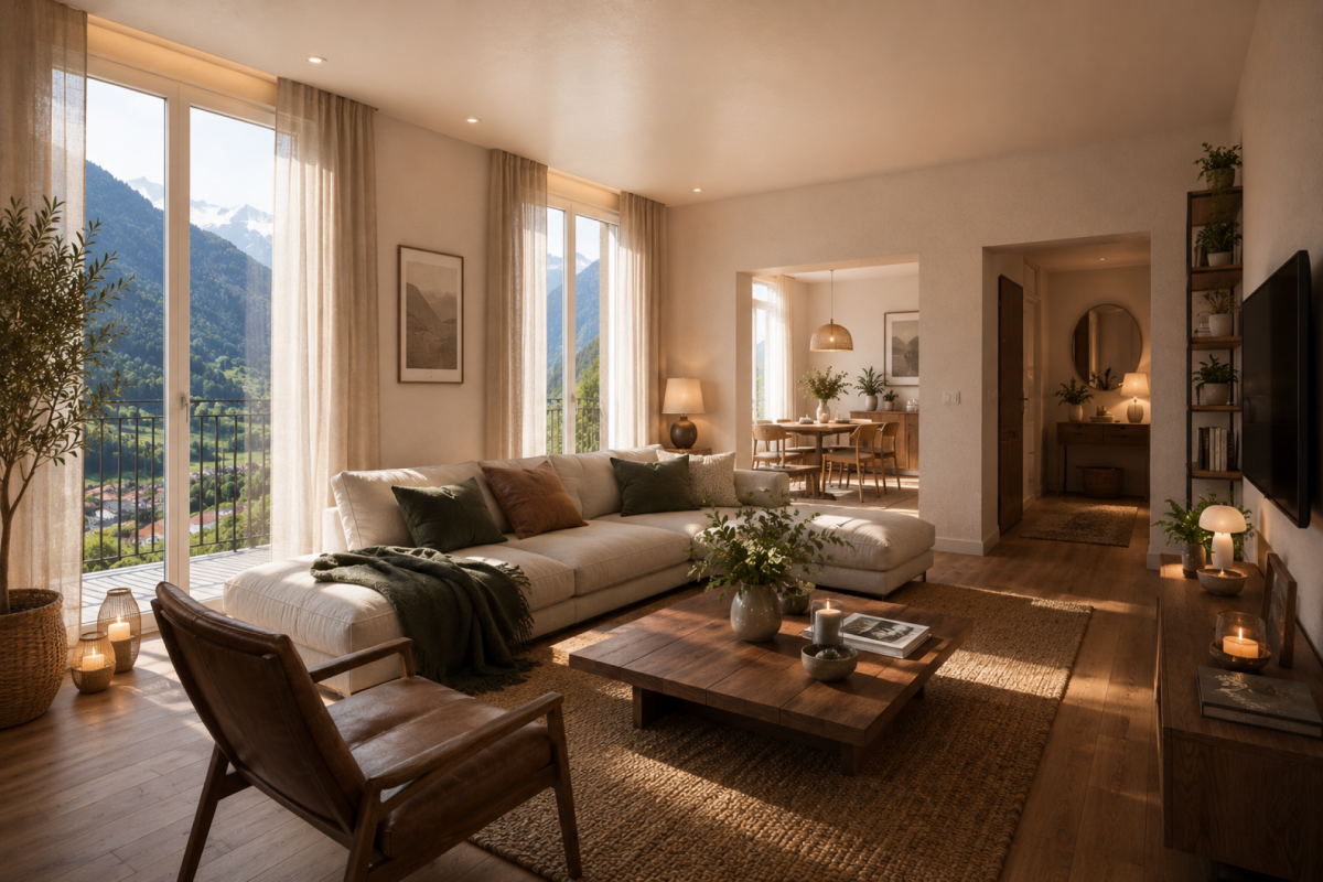 Helles Wohnzimmer mit Bergblick