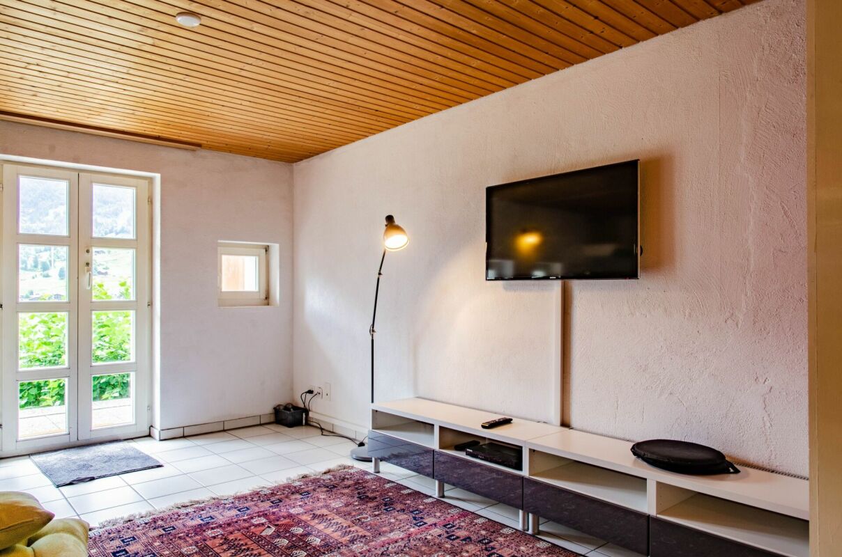 Wohnzimmer mit hellem Holzdach und Fernsehecke