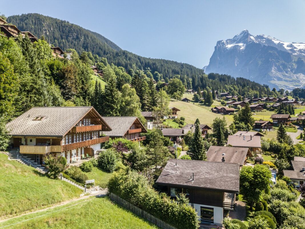 Alpine Dorf- und Berglandschaft mit Wohnhäusern