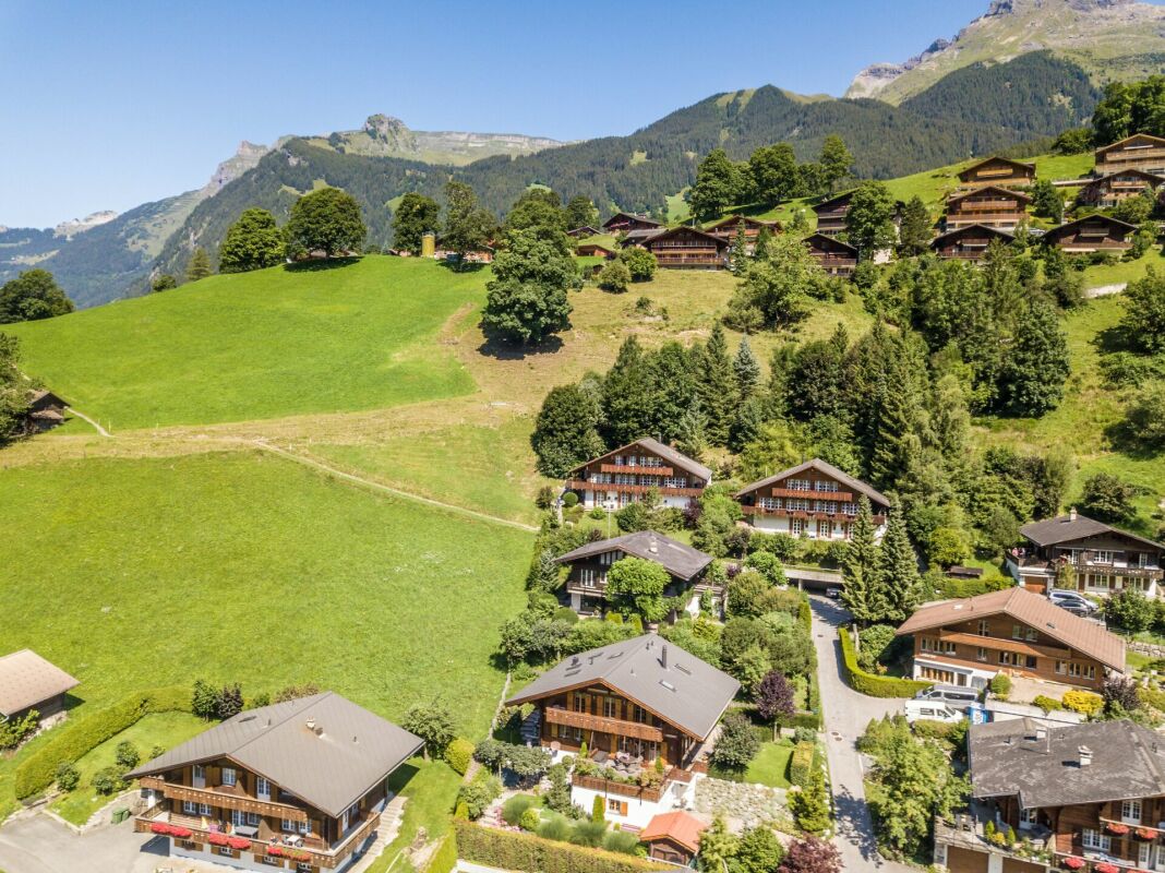 Bergdorf mit Chalets in grüner Alpenlandschaft