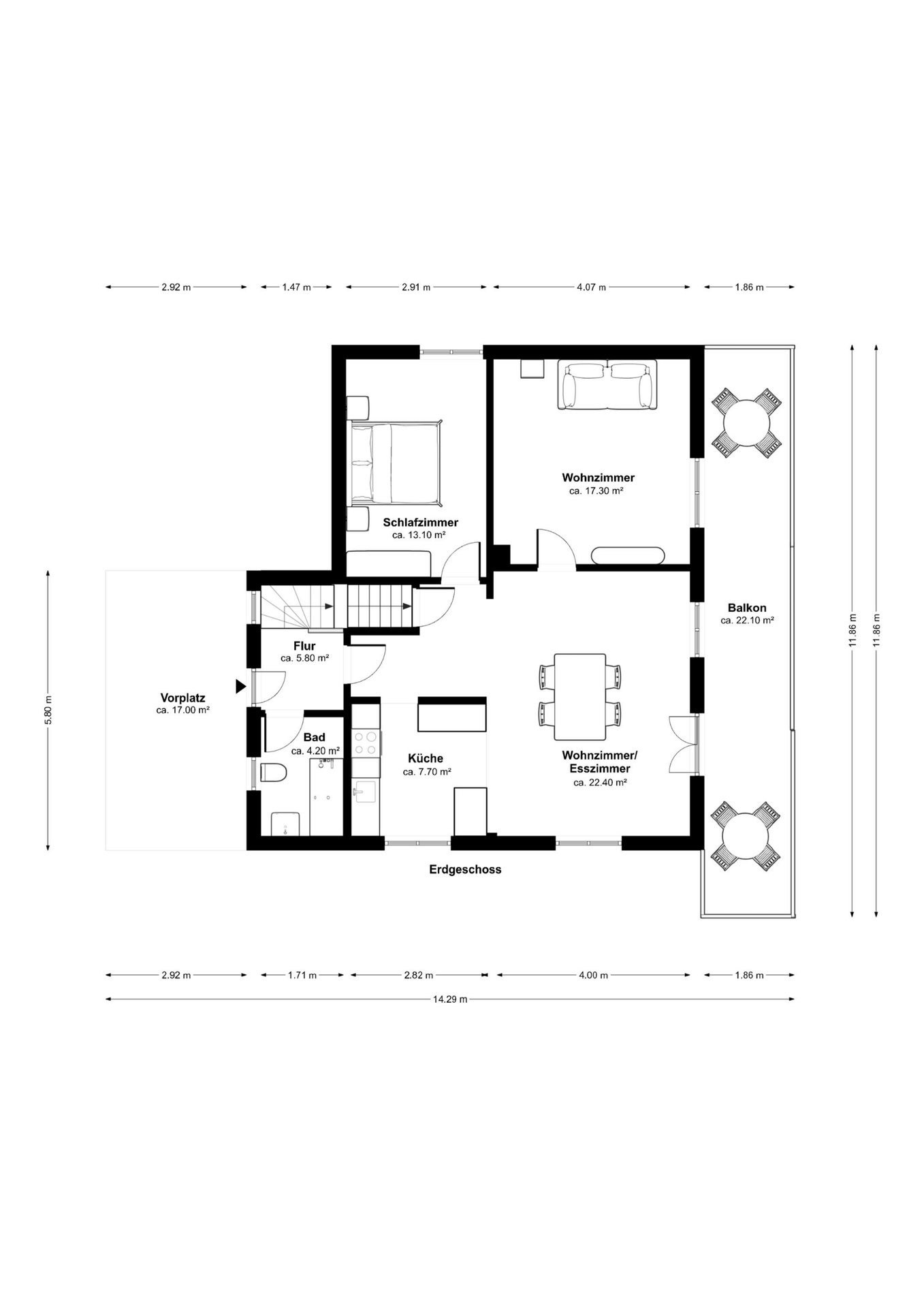Grundriss einer Erdgeschosswohnung mit Balkon