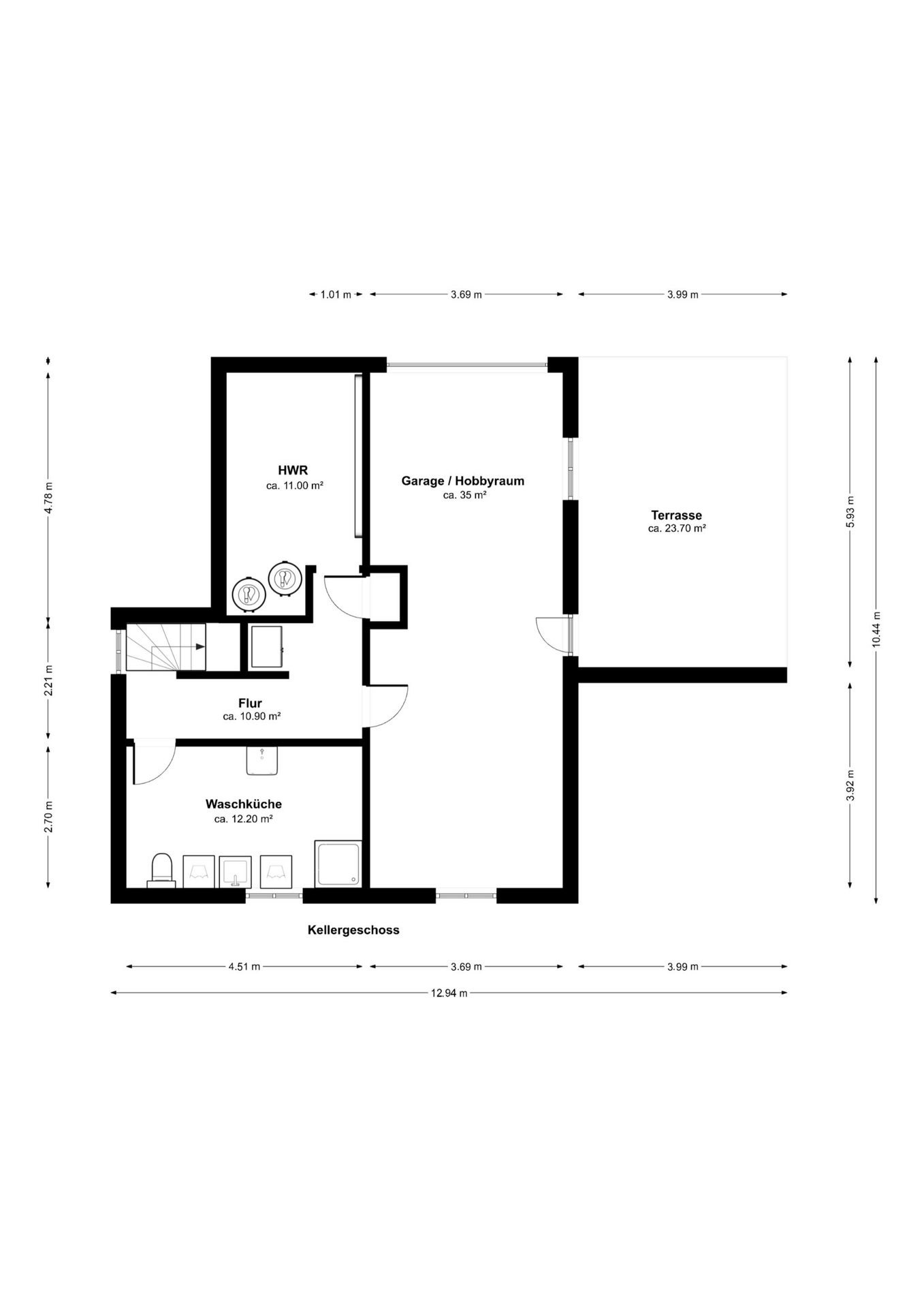 Kellergeschoss-Grundriss mit Garage, Flur, Waschküche, HWR und Terrasse