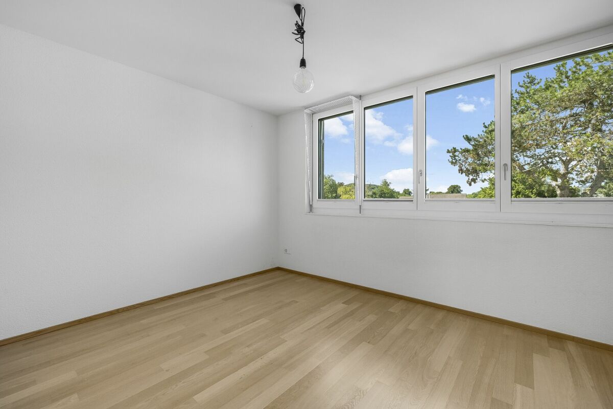 Helles, leeres Zimmer mit großem Fensterband
