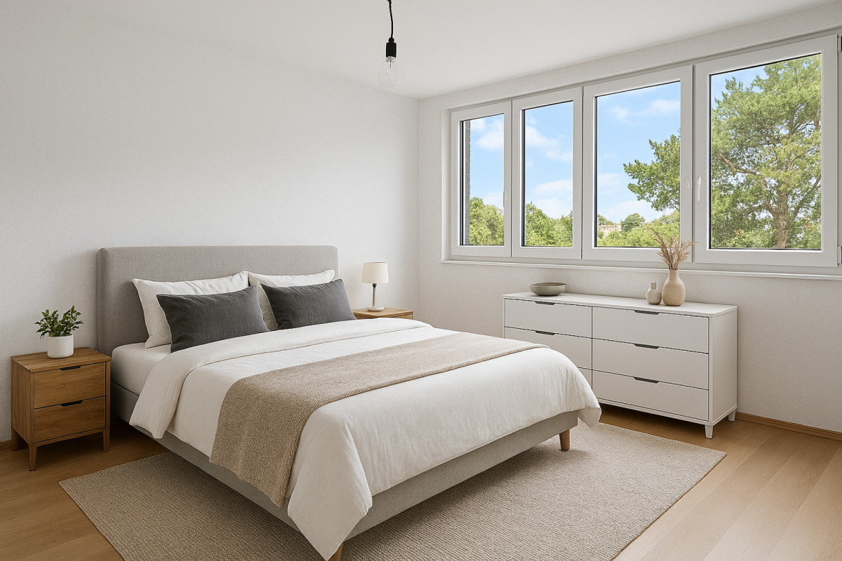 Helles Schlafzimmer mit großem Fenster und schlichter Einrichtung