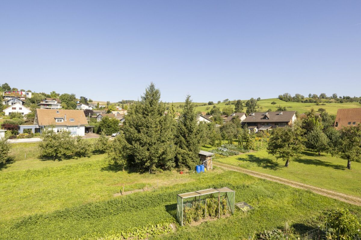 Ländlicher Gartenblick mit Häusern und Wiesen