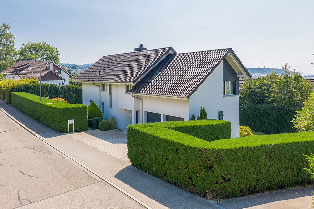 Ein modernes Einfamilienhaus mit gepflegter Hecke und Straßenansicht.