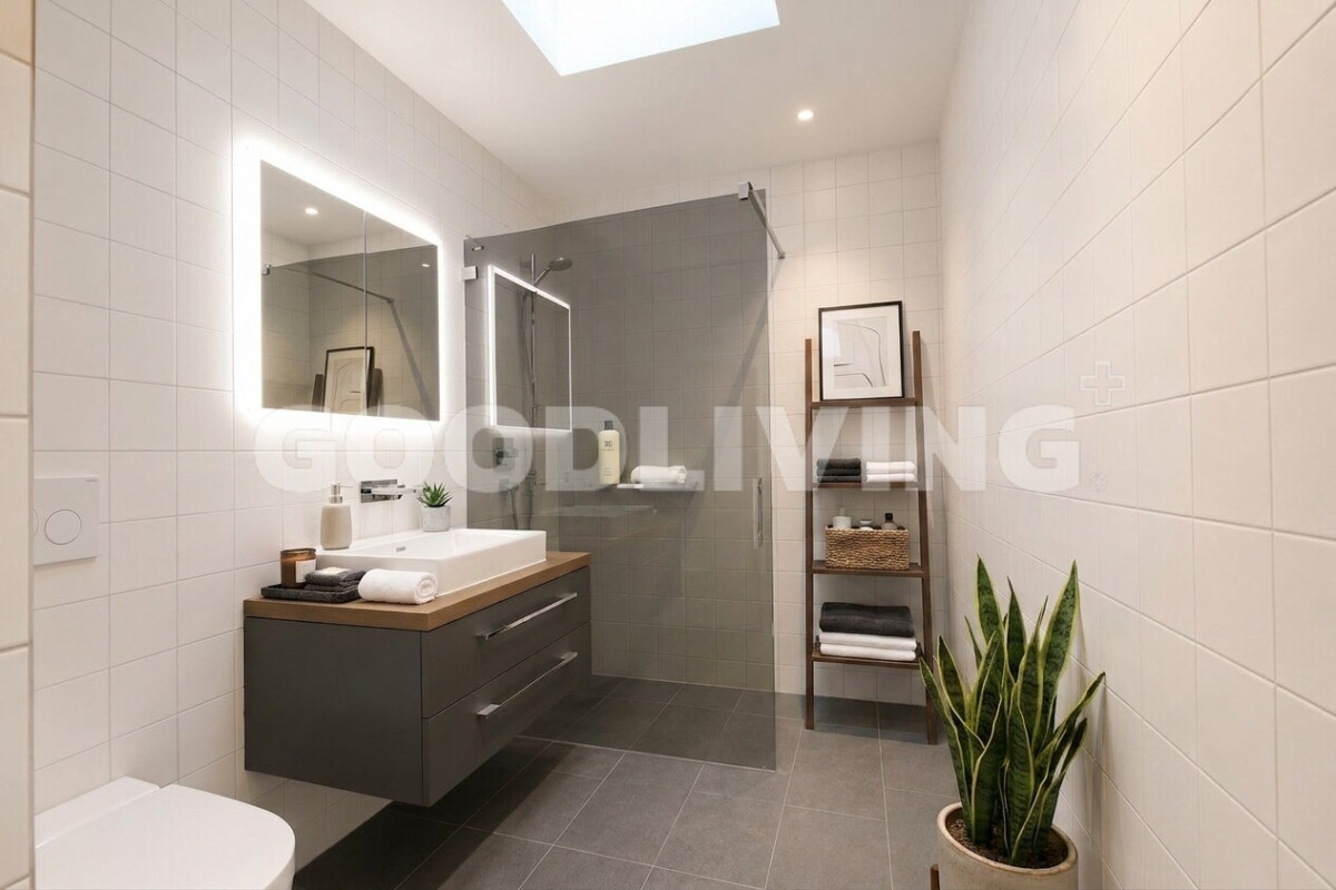 Modernes Badezimmer mit begehbarer Dusche und beleuchtetem Spiegel
