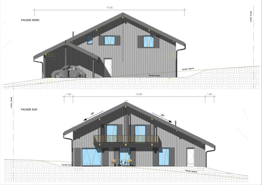 Ansichtszeichnung eines Einfamilienhauses mit Nord- und Südfassade