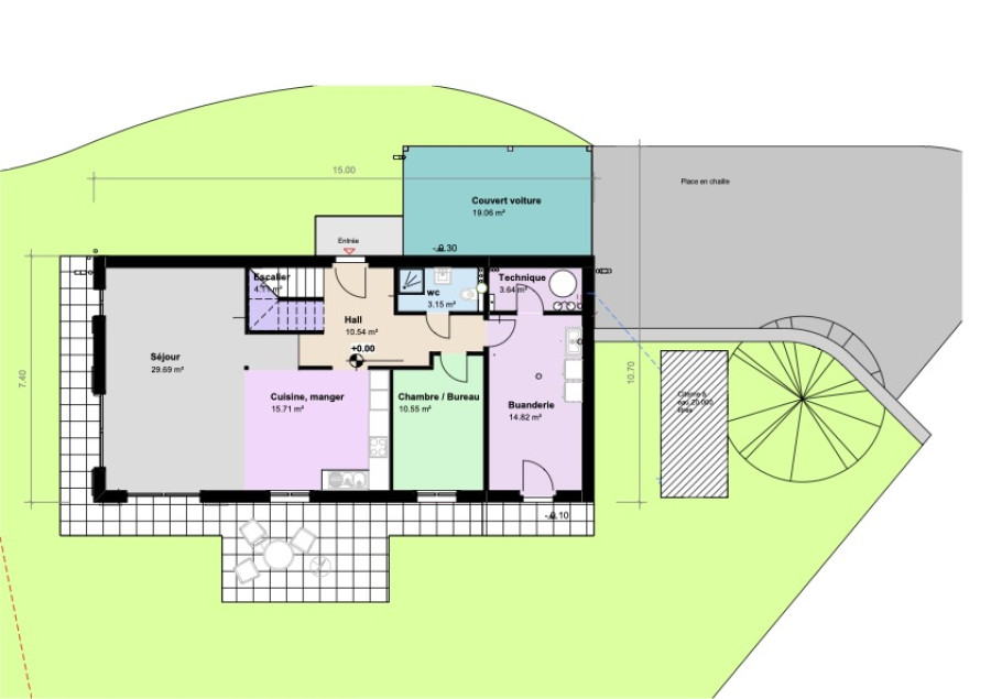 Grundriss eines Einfamilienhauses mit Terrasse, Carport und Wendeltreppe