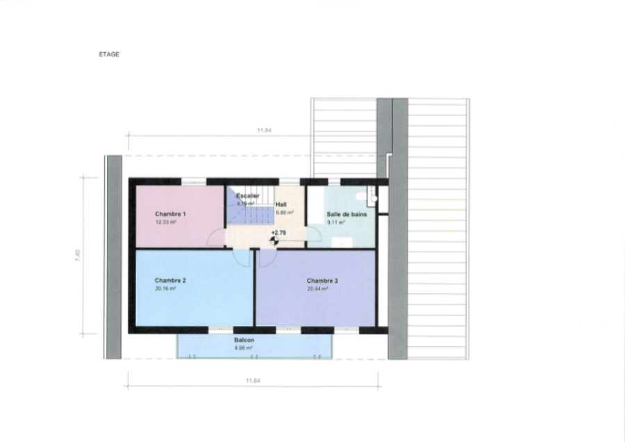 Grundriss einer Etage mit drei Schlafzimmern, Badezimmer, Flur, Treppe und Balkon