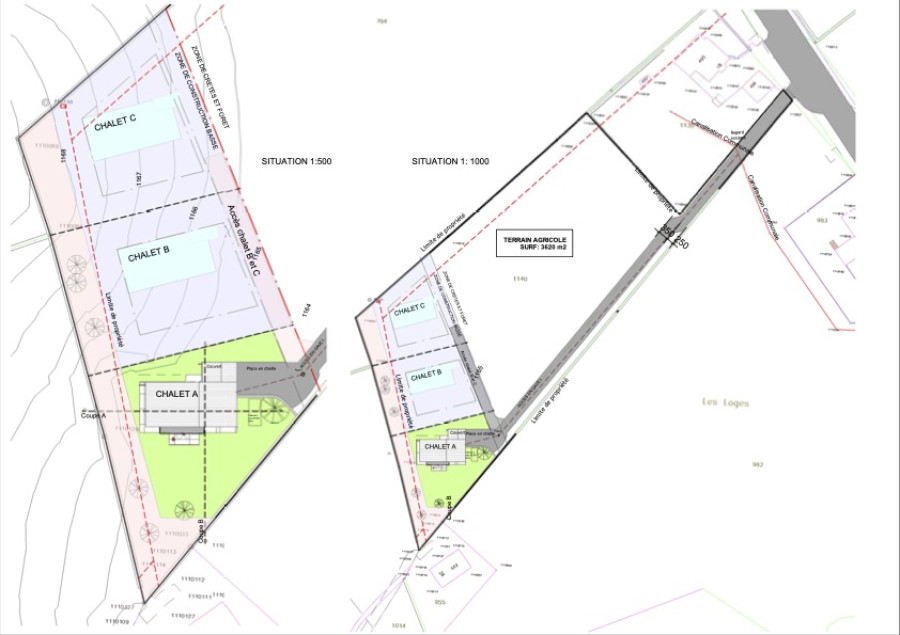 Lageplan mit drei Chalets