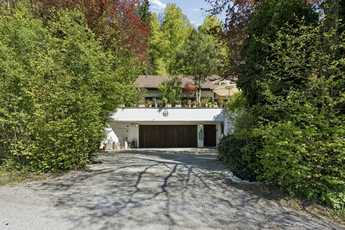 Hauszufahrt mit Garage und üppiger Begrünung