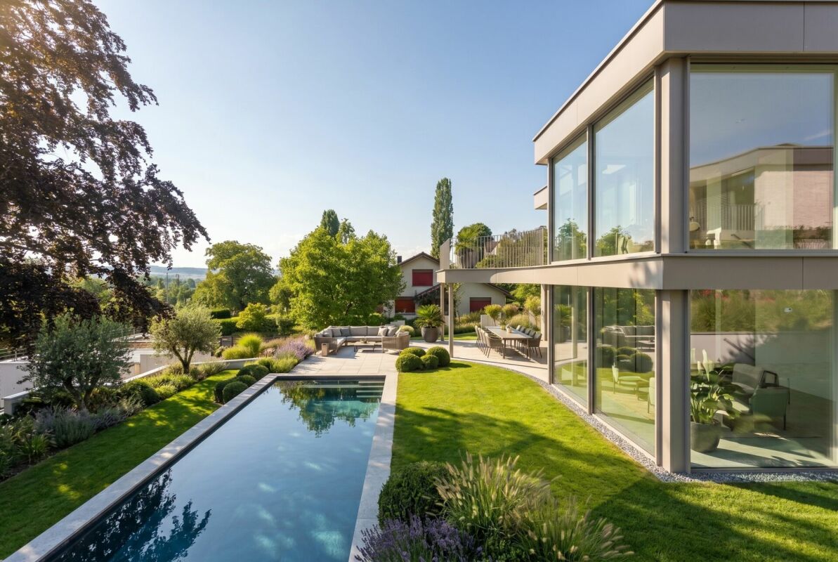 Moderner Garten mit Pool und Glasarchitektur
