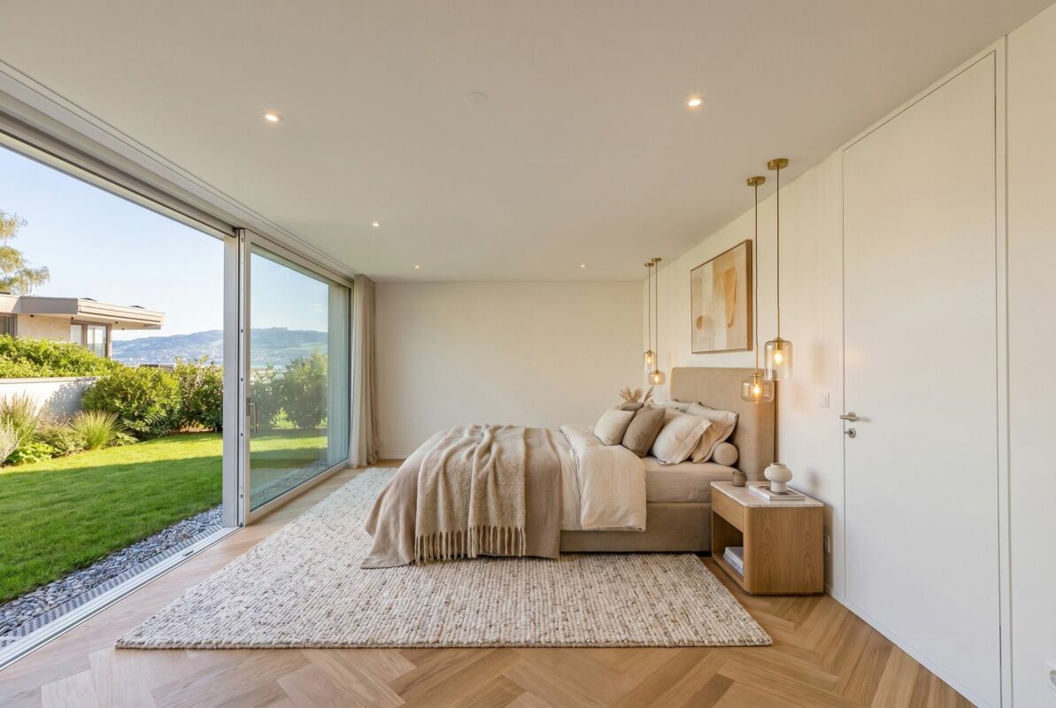 Helles Schlafzimmer mit Gartenblick