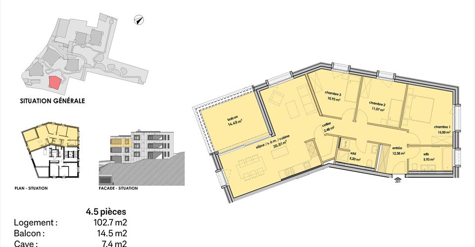 Grundriss eines Wohnungsplans mit Flächenangaben
