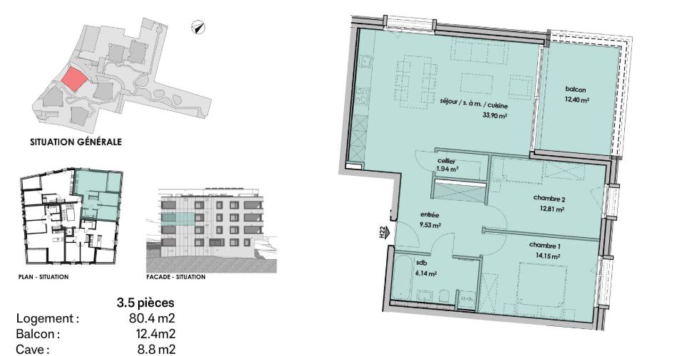 Grundriss einer 3,5-Zimmer-Wohnung mit Balkon und Lageplan