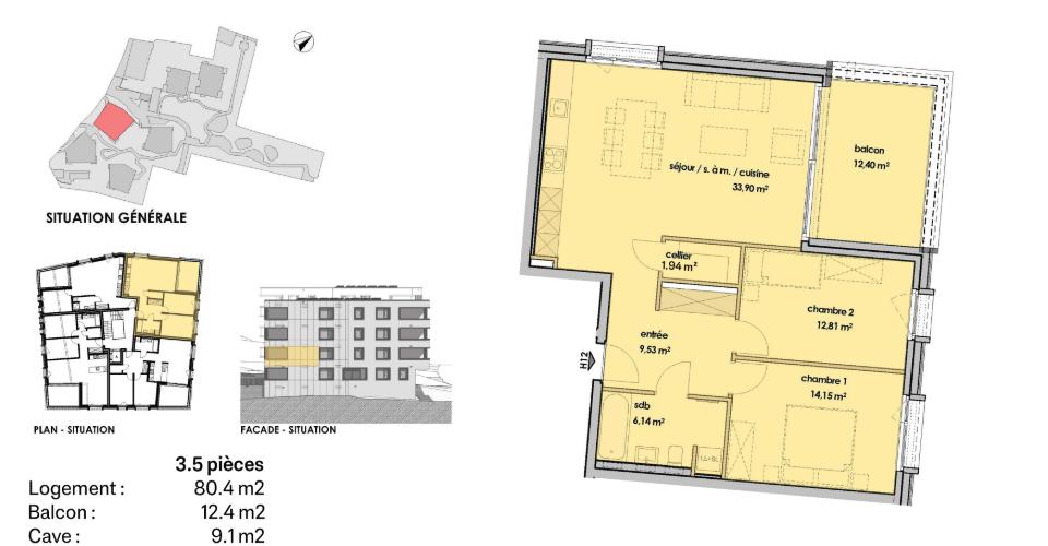 Wohnungsgrundriss mit Balkon und Lageübersicht
