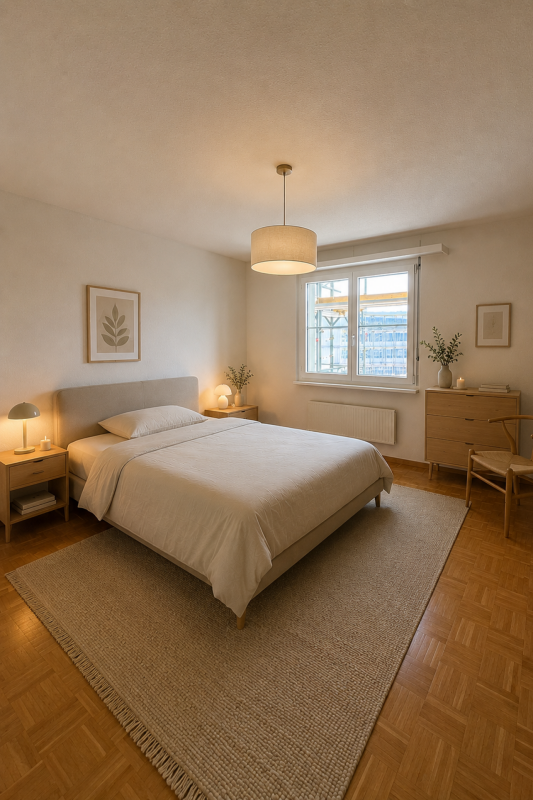 Helles Schlafzimmer mit minimalistischer Einrichtung