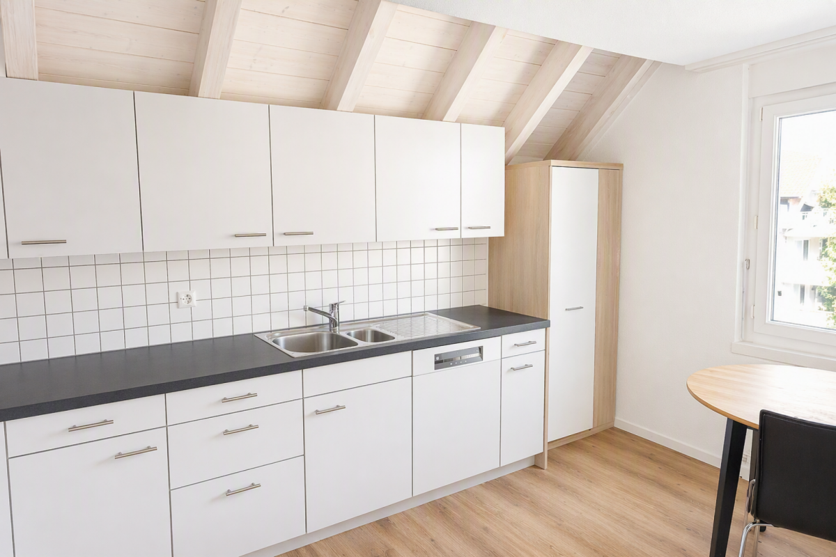 Helle Dachgeschossküche mit sichtbaren Holzbalken