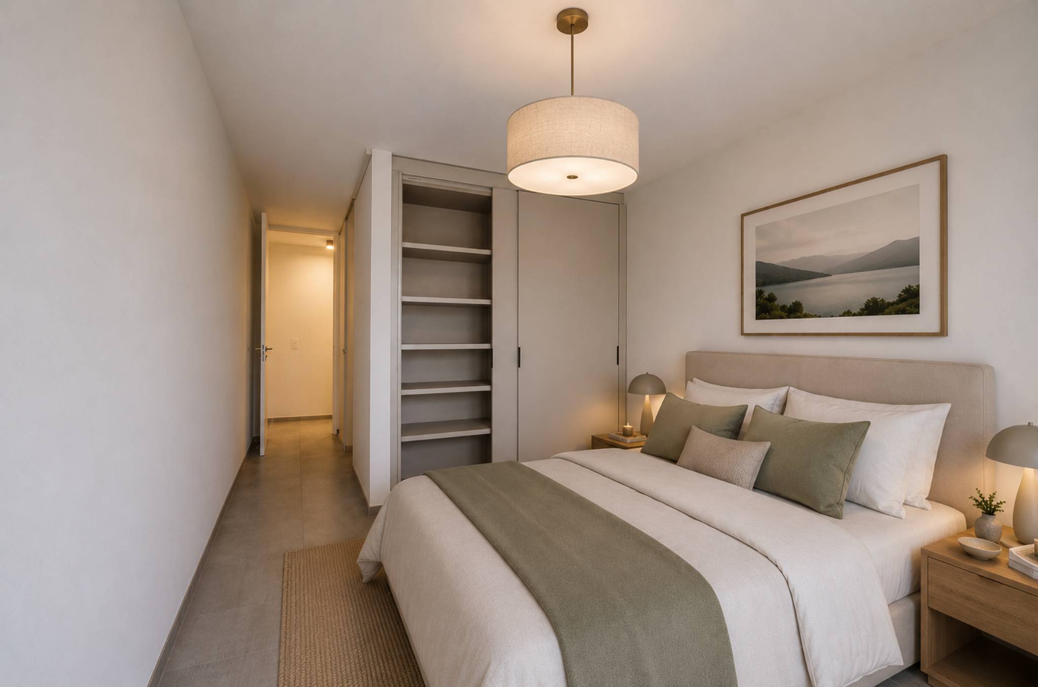 Schlafzimmer mit dezenter, moderner Einrichtung