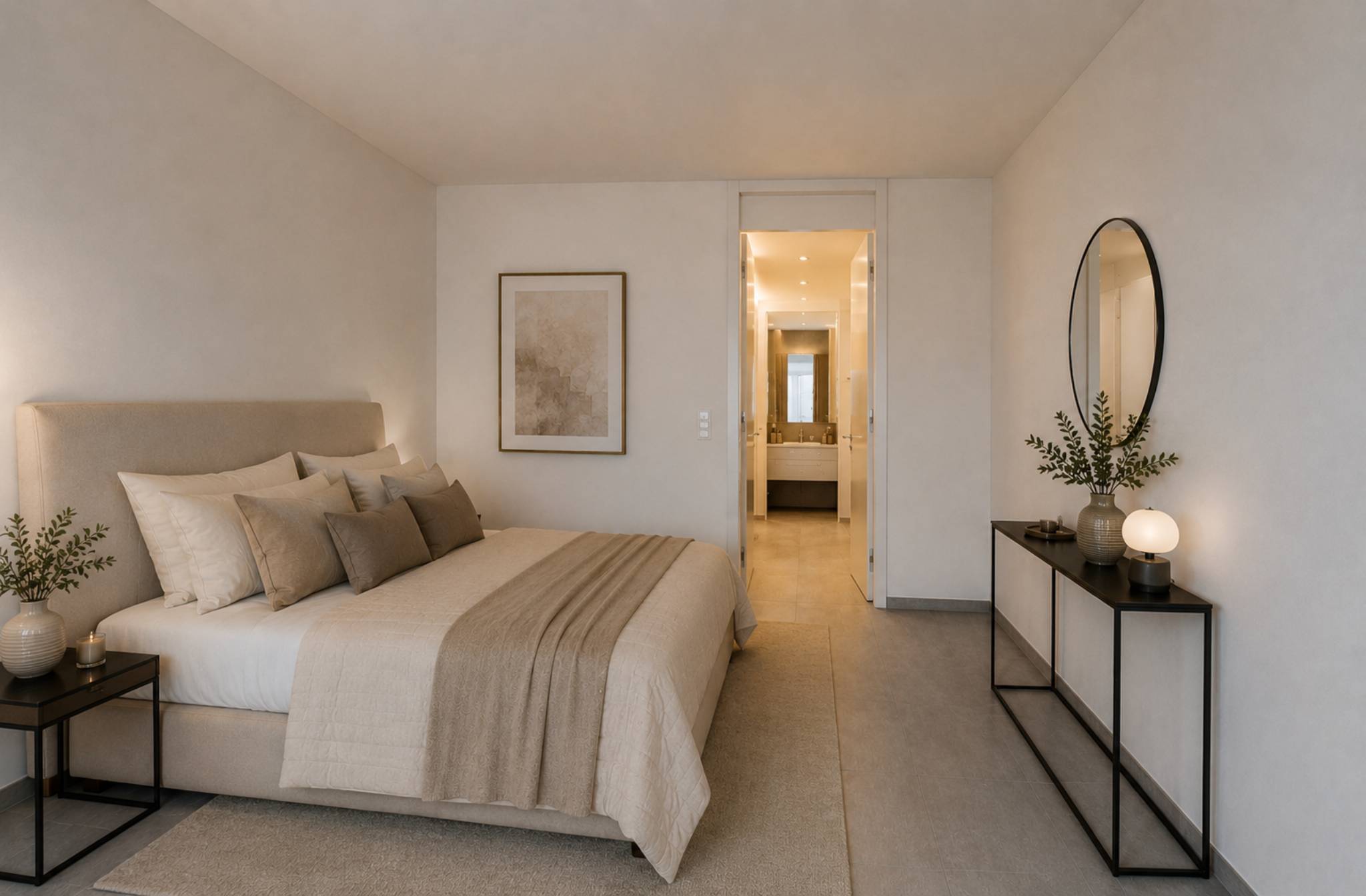 Schlafzimmer in ruhigen Beige- und Naturtönen