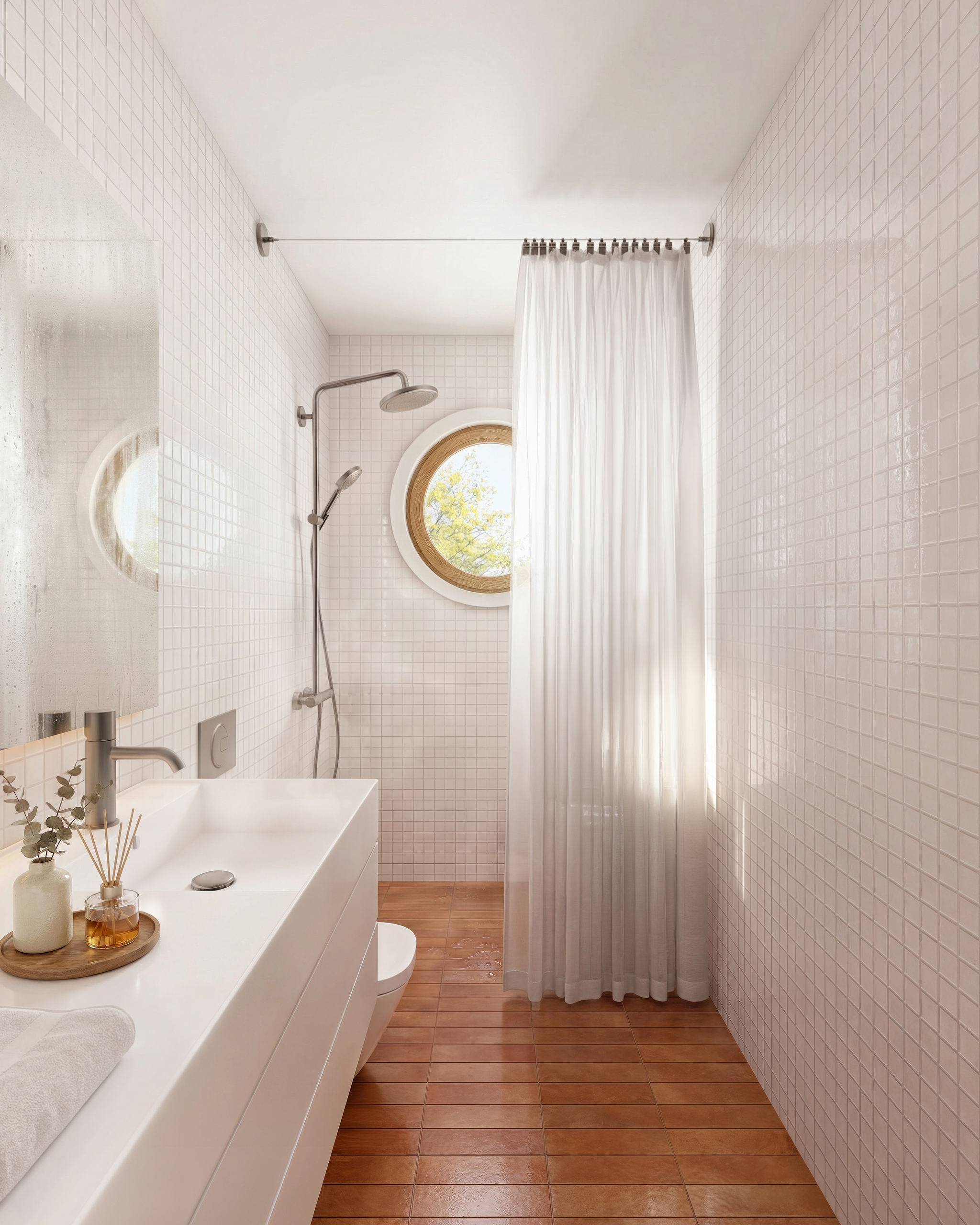 Modernes Badezimmer mit Dusche und Rundfenster