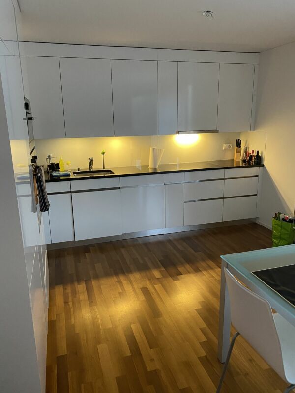 Moderne weiße Küche mit Holzfußboden