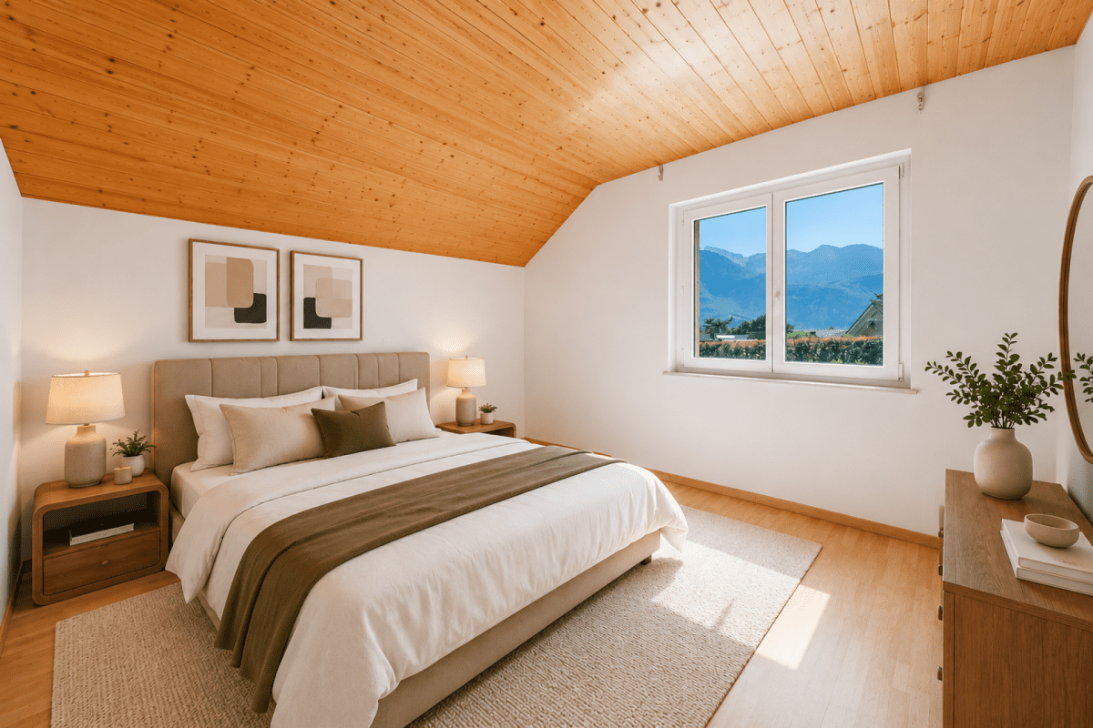Helles Schlafzimmer mit Holzdecke und Bergblick