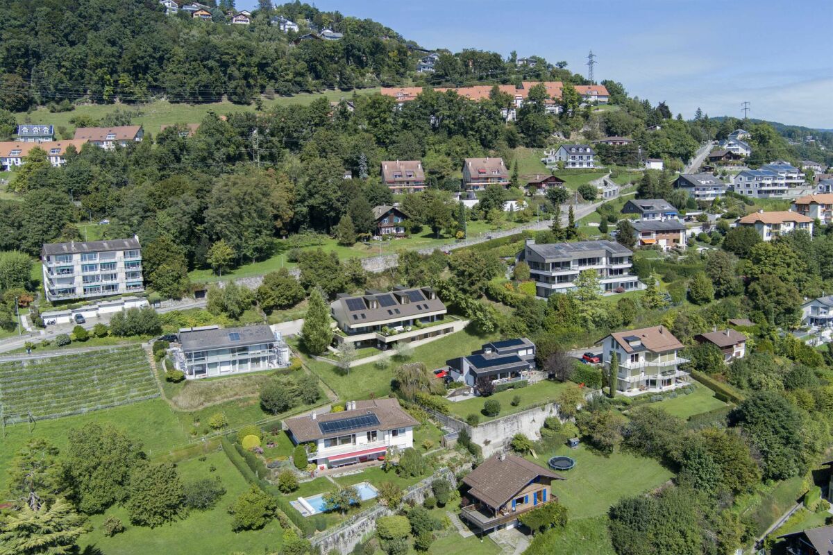 Luftaufnahme eines grünen Wohngebiets am Hang
