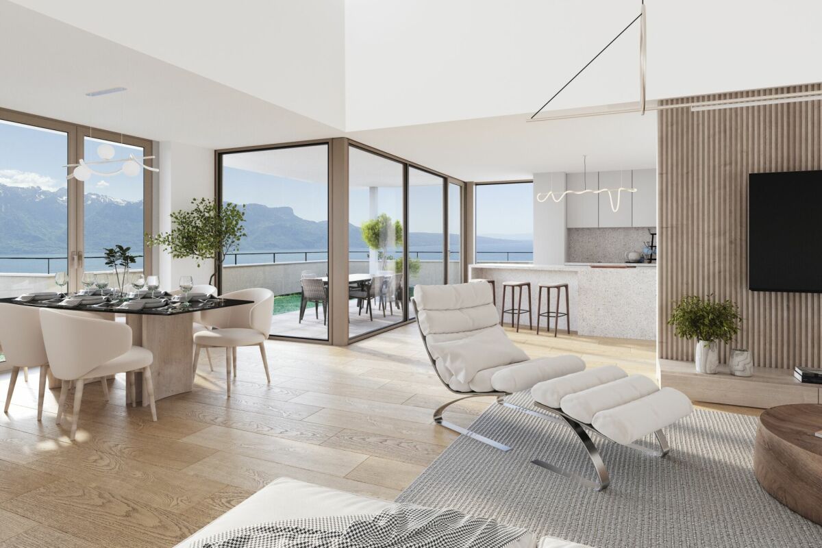 Luxuriöses offenes Wohn- und Esszimmer mit Meerblick