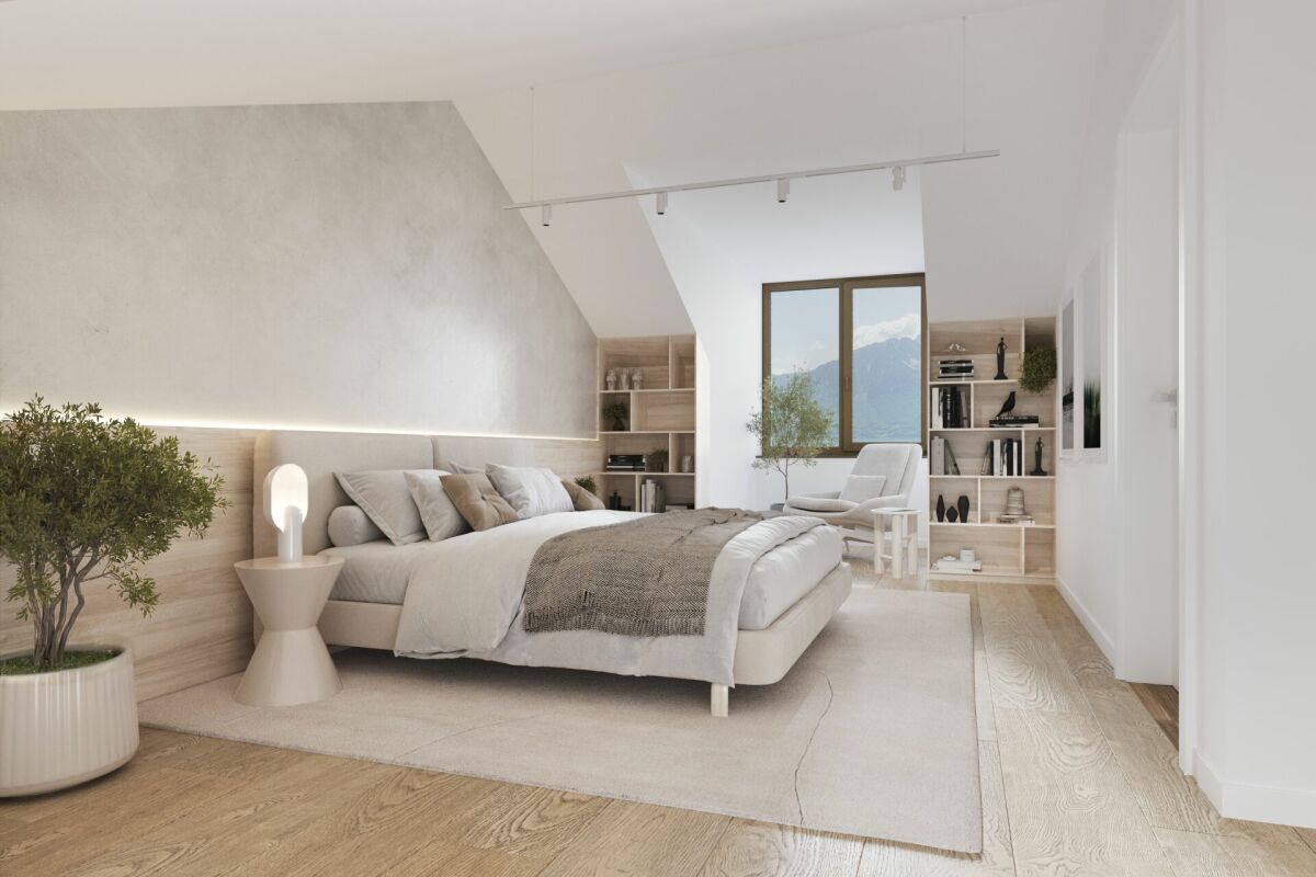 Helles Schlafzimmer mit Alpenblick
