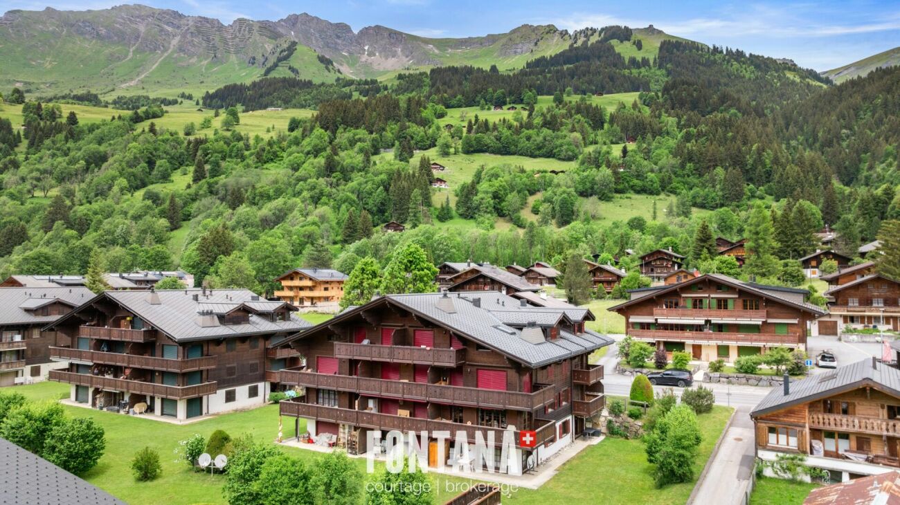 Alpine Dorf mit Bergpanorama