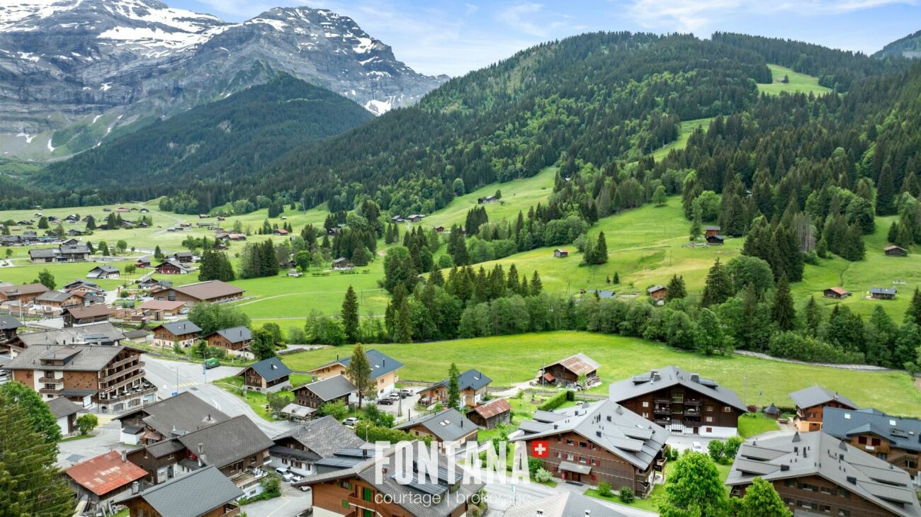 Alpenlandschaft mit Dorf und Bergpanorama