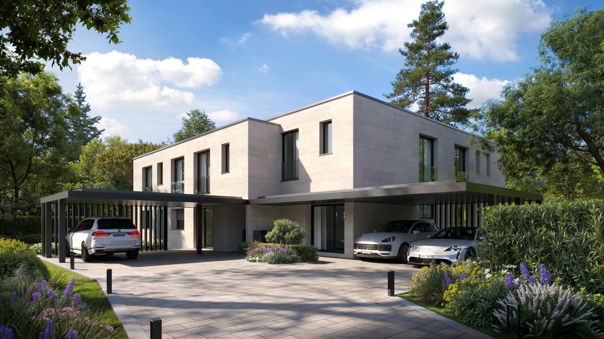 Moderne Villenansicht mit Doppelcarport und Garten