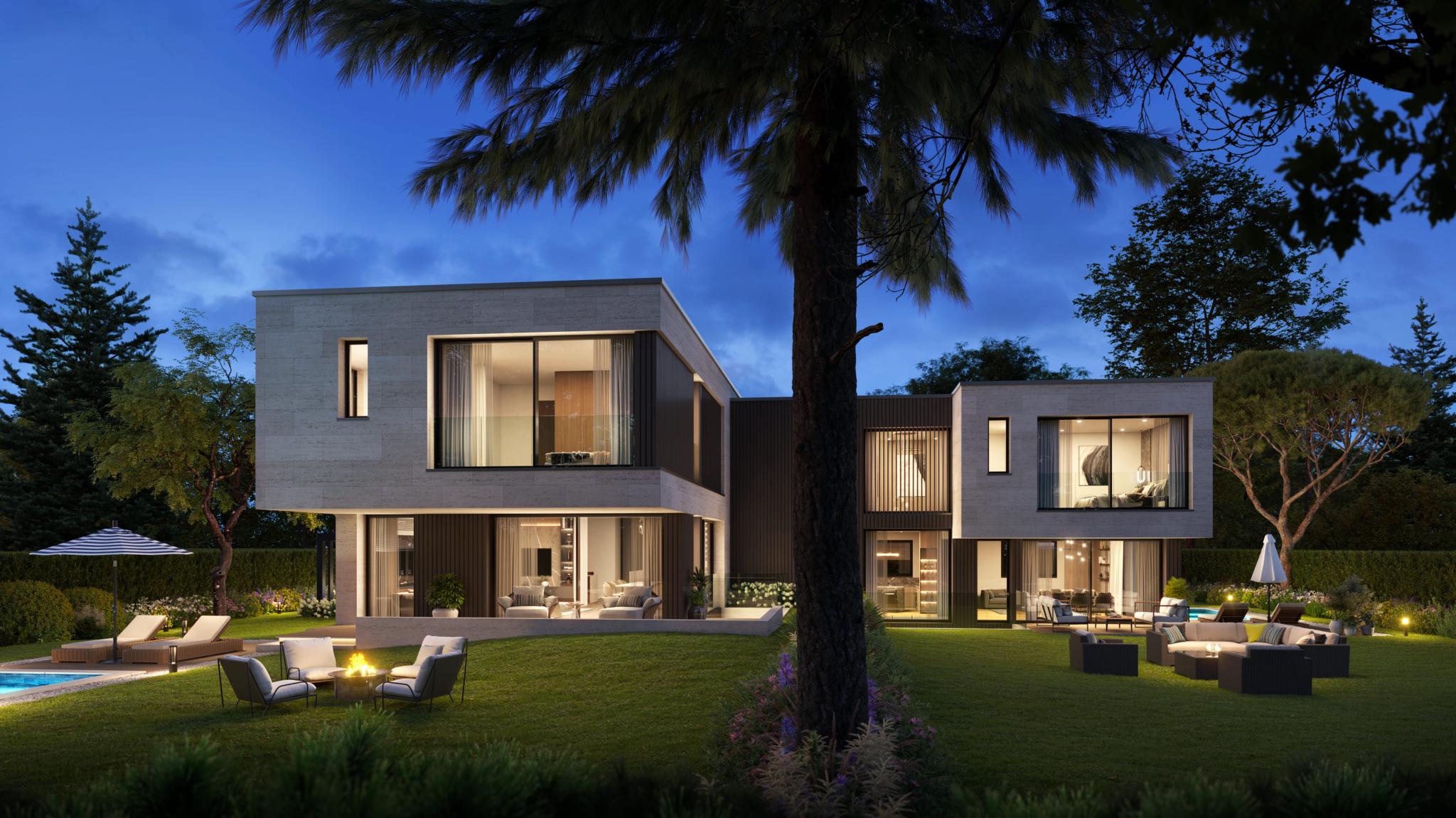 Moderne Villa mit Garten und Pool bei Abendlicht