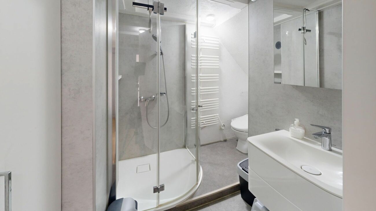 Modernes Badezimmer mit Glasdusche und Waschtisch